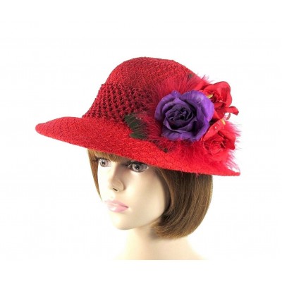Red Derby Dress Church Hat Dew Drop Roses Marabou Wide Hatband Society Ladies  eb-64869276